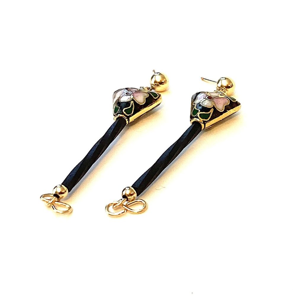 Vintage 14k Gold Cloisonne Earrings, Long and Unique Dangle Jewelry, Art Nouveau - Picture 5 of 8